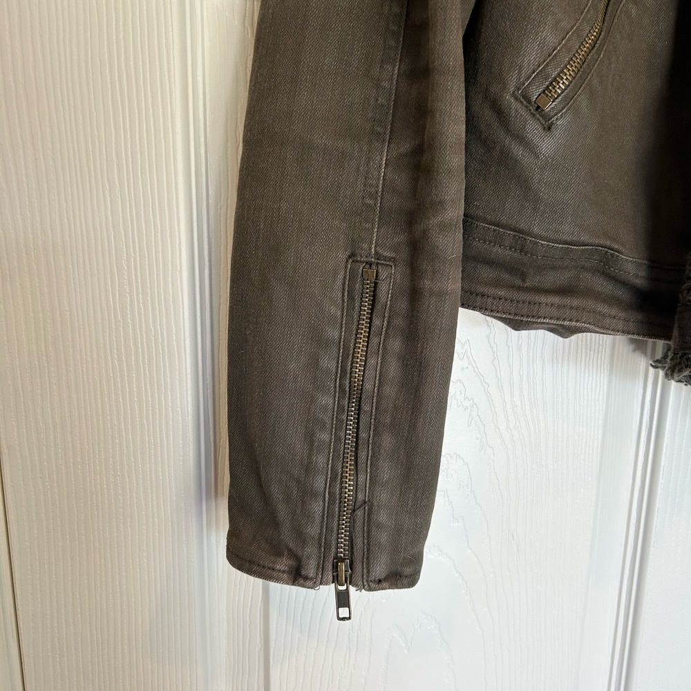 Free People Drape Front Coated Denim Moto Jacket | Olive/Green | Size 10 - Picture 8 of 14